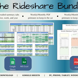 May include: A digital download bundle for rideshare drivers. The bundle includes three detailed summary tabs for service, week, and year, as well as weekly and monthly PDF printouts to keep in the car. The bundle is available in Google Sheets, MS Excel, and PDF formats.