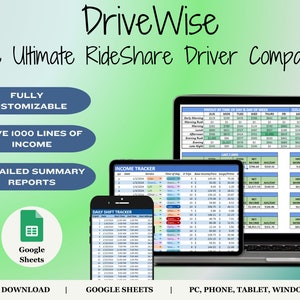 Può includere: DriveWise: Il compagno ideale per i conducenti di ride-sharing. Una grafica verde e blu con il testo "DriveWise" e "Il compagno ideale per i conducenti di ride-sharing". Tre pulsanti con le scritte "Completamente personalizzabile", "Salva 1000 righe di reddito" e "Report riassuntivi dettagliati". Viene mostrato un logo di Google Sheets. Tre schermate di un'applicazione di foglio di calcolo mostrano un tracker del turno giornaliero, un tracker dei redditi e un pagamento per ora del giorno e giorno della settimana. Viene mostrato il testo "Download immediato", "Google Sheets" e "PC, telefono, tablet, Windows/Mac".