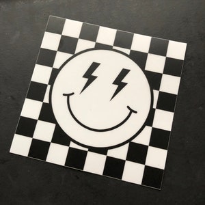 Checkered Smiley Face Lightning Bolt Decal - 4&quot;x4&quot;