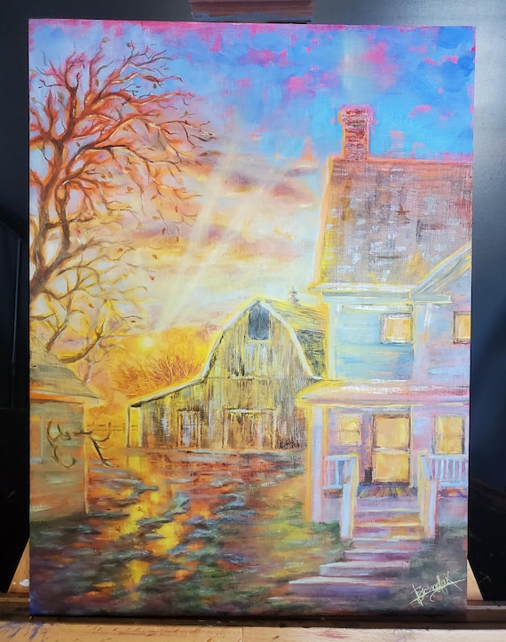 夕焼け 油絵 空 農家の夕焼けの絵画 ファインアート風景画 オリジナル