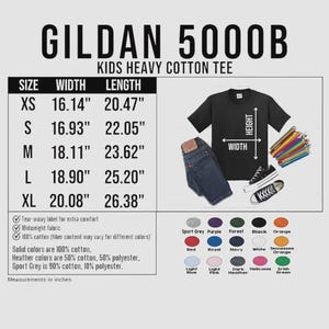 May include: Black kids' heavy cotton tee shirt with size chart, jeans, sneakers, and colored pencils. The size chart shows measurements in inches for XS to XL sizes, with width ranging from 16.14" to 20.08" and length from 20.47" to 26.38".