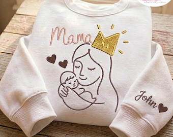 Geborduurd sweatshirt voor mama en baby, mouw met aangepaste naam, lijntekeningen moederschap