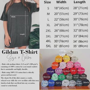 May include: Dark gray Gildan T-shirt with size chart and color options. The shirt is shown on a person and has a crew neckline. The size chart lists measurements in inches and centimeters, ranging from S to 5XL.
