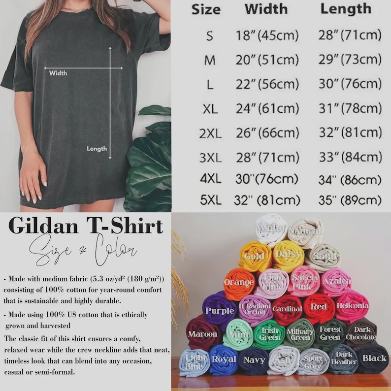 May include: Dark gray Gildan T-shirt with size chart and color options. The shirt is shown on a person and has a crew neckline. The size chart lists measurements in inches and centimeters, ranging from S to 5XL.