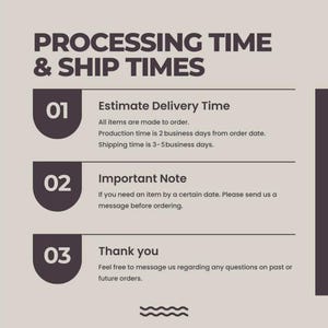 May include: A graphic with the text "PROCESSING TIME & SHIP TIMES." It includes information about estimated delivery time, important notes, and a thank you message. The background is a light beige color with dark brown text and design elements.