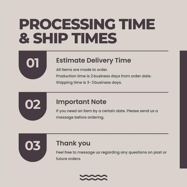 May include: A graphic with the text "PROCESSING TIME & SHIP TIMES." It includes information about estimated delivery time, important notes, and a thank you message. The background is a light beige color with dark brown text and design elements.