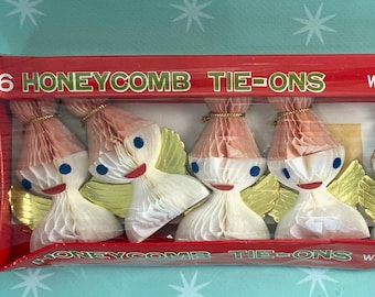 Vintage Deadstock Christmas Set of Honeycomb Tie Ons Angel Kitsch  Ornaments Crafting Unused Japan