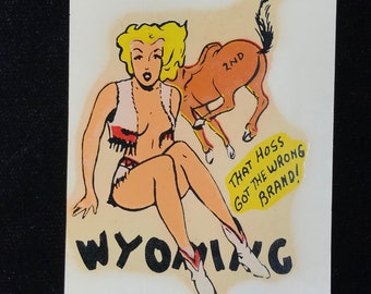 Vintage Original 50s 60s Western Cowgirl Horse Wyoming Pin Up Girl Travel Souvenir Car Decal