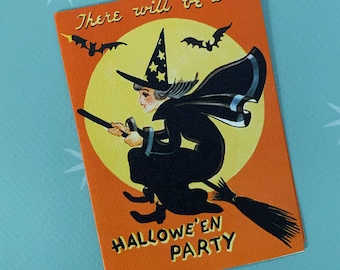 Vintage Halloween Witch on Broom Bats Party Invitation Unused Original
