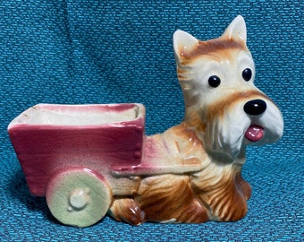 Vintage Kitsch Scottie Scotty Dog with Cart Ceramic Planter