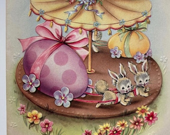 Vintage conejo huevo de Pascua carrusel alegre ir alrededor de chick tarjeta de felicitación