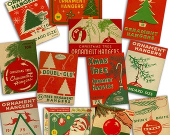 DIGITAL Set 12 Assorted Vintage Christmas Ornament Hanger Hooks Box Flat Tags Labels INSTANT DOWNLOAD