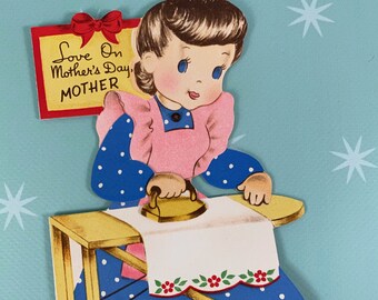 Vintage 1940s Mother's Day Mechanical Housewife Ironing Lady Mom Polka Dot Dress Paper Greeting Card