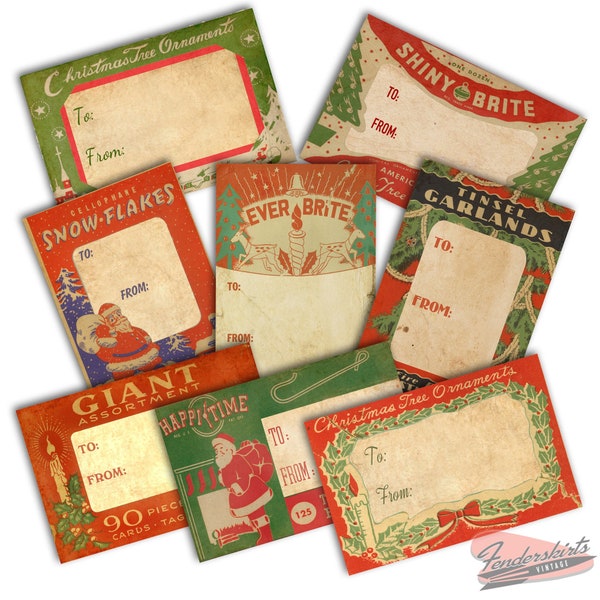 DIGITAL Set 8 Vintage Christmas Snow Ornament Box Flat Gift Tags Craft File Printable INSTANT DOWNLOAD