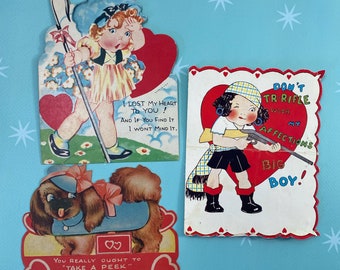 Vintage Lot 3 1950s Little Girl Rifle Dog Bo Peep Tarjetas de felicitación del Día de San Valentín