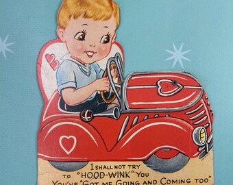 Vintage Little Boy Driving Car Girl Under Hood Kids School Valentines Day Greeting Card