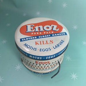 Vintage Enor Moth Tin Can Advertising Orange Blue