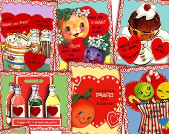 Könnte beinhalten: Ein Set aus 10 Vintage-Valentinstagskarten mit verschiedenen Illustrationen und Botschaften zum Thema Essen. Die Karten sind auf dickem Papier mit roten Rändern und gewellten Kanten gedruckt. Die Karten enthalten Botschaften wie "You're my cup o' tea", "You'd be a peach of a Valentine" und "I'm plum crazy about you Valentine".