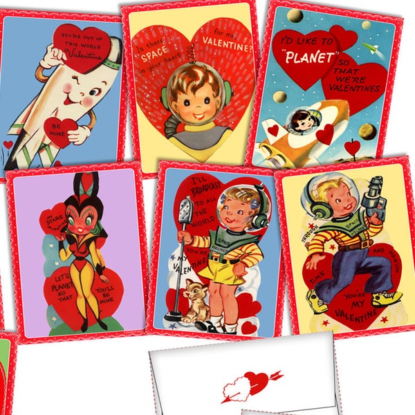 DIGITAL Vintage Retro 1950s Space Age Astronaut Valentine Cards File Printable INSTANT DOWNLOAD