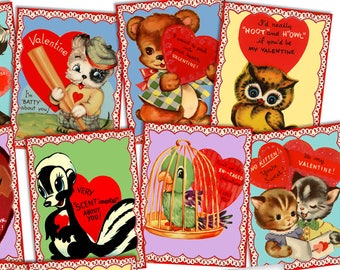 DIGITAL Vintage Retro 1950s Cute Animal Valentine Cards File Printable INSTANT DOWNLOAD