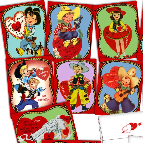 DIGITAL Vintage Retro 1950s Western Cowboy Cowgirl Valentine Cards File Printable INSTANT DOWNLOAD