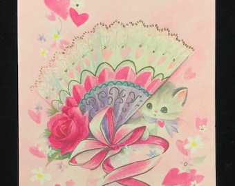 Vintage 1950s Valentines Day Kitten Pink Fan Greeting Card Paper Valentine