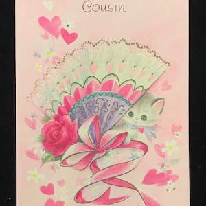 Vintage 1950s Valentines Day Kitten Pink Fan Greeting Card Paper Valentine