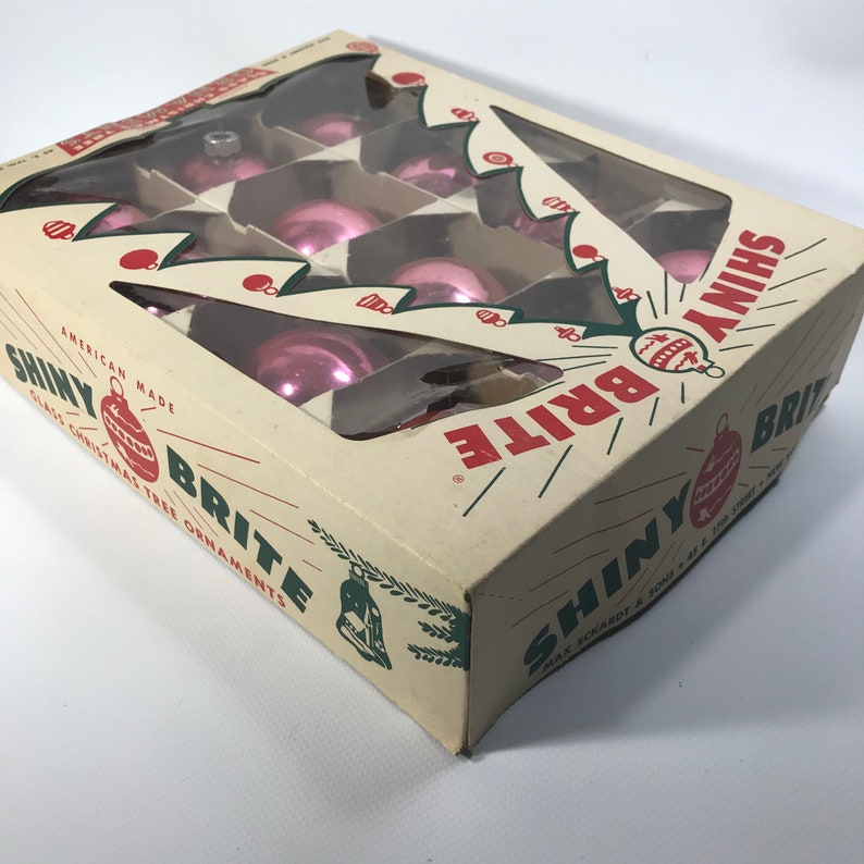 Vintage Dozen 12 Shiny Brite Pink Glass Christmas Ornaments Balls in Box