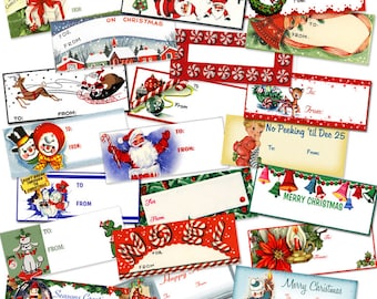 May include: A collection of vintage Christmas gift tags featuring various holiday themes, including Santa Claus, snowmen, reindeer, and candy canes. The tags are printed on white paper with red, green, and blue accents. Some tags have blank spaces for writing names and messages.