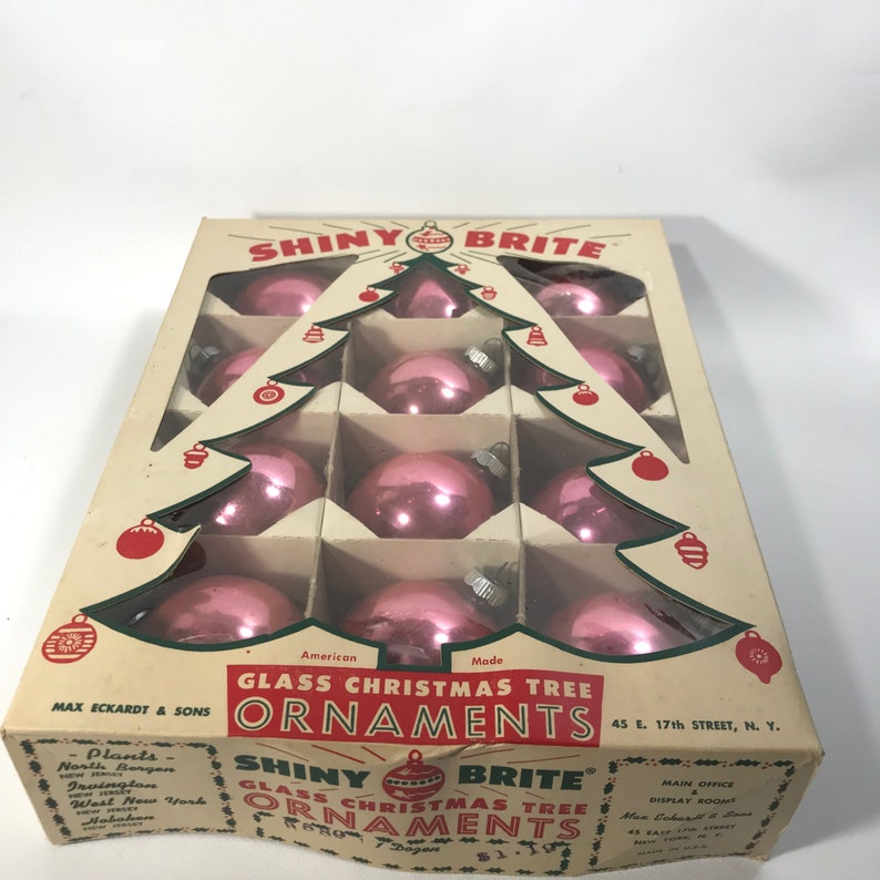 Vintage Dozen 12 Shiny Brite Pink Glass Christmas Ornaments Balls in Box