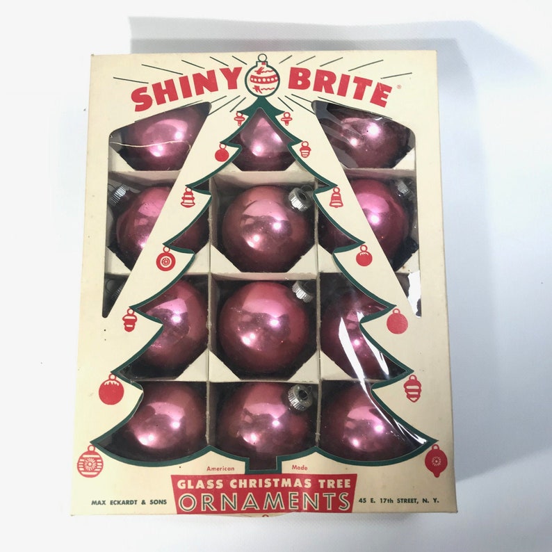 Vintage Dozen 12 Shiny Brite Pink Glass Christmas Ornaments Balls in Box