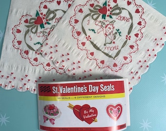 Vintage Eureka Valentine Seals and Paper Napkins Lot Red Hearts Cupid