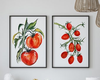 Impression d'art aquarelle tomates, lot de 2 art de la cuisine