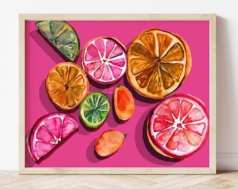 Citrus trendy, Watercolor artwork, Orange, Grapefruit, Lime slices, Fruit art, Kitchen wall decor, gift, wall art