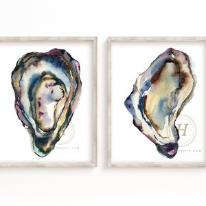 Oyster Watercolor Art Print set of 2, Shell Wall Art, Paintings by Crystal Cortez