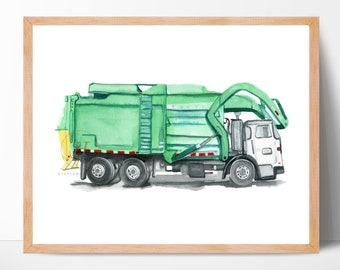 Garbage truck front loader print, Trash truck art