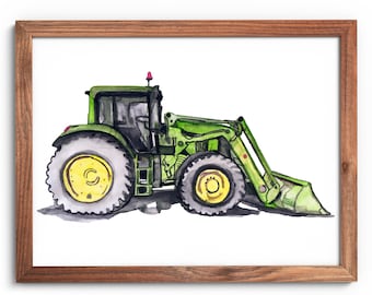 Green Tractor Wall Decor, Tractor Print, Transportation Art, Boys Room Wall Art, Watercolor Painting, Tractor Nursery, Toddler Room Decor