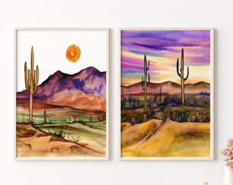 Southwestern Desert Landscape Print, Set of 2, Floral Print, Vibrant Cactus Desert Art, Mid-Century Modern, Pastel Desert Art