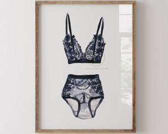 Black and Blue Lace Lingerie Watercolor Art Print