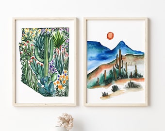 Arizona State, Desert Landscape Print, Set of 2, Floral Print, Vibrant Cactus Desert Art, Mid-Century Modern, Pastel Desert Art