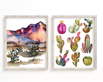 Southwestern Desert Landscape Print, Set of 2, Vibrant Cactus Desert Art, Mid-Century Modern, Pastel Desert Art