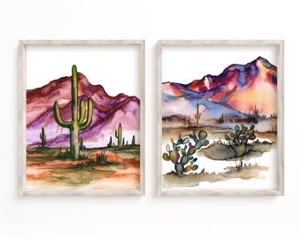 Southwestern Desert Landscape Print, Set of 2, Floral Print, Vibrant Cactus Desert Art, Mid-Century Modern, Pastel Desert Art