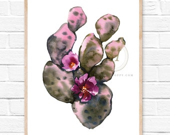 Colorful Pink and Purple Cactus with Pink Flower Watercolor Print Wall Art