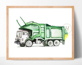 Garbage truck front loader print, Trash truck art