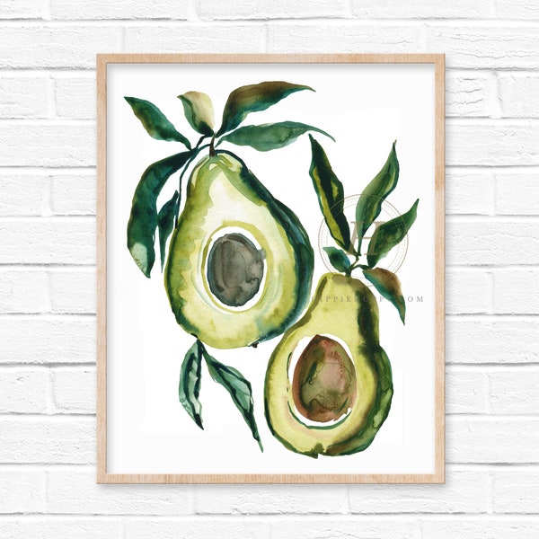 Avocado Artwork, Watercolor Print, Kitchen Wall Art