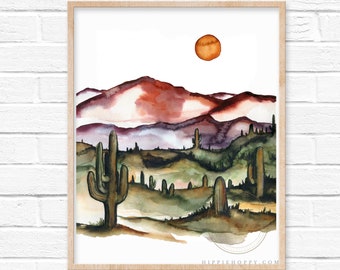 Colorful Desert Watercolor Print desert cactus and Mountains