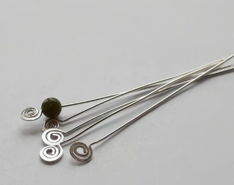 Set of 2 Handmade Recycled Sterling Silver Head Pins with Spiral End