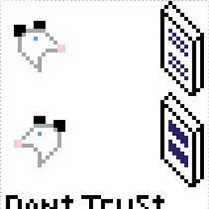 Puede incluir: Una ilustración digital de una zarigüeya con un sombrero negro y el texto "Don't Trust a Hoe" en letras negras.