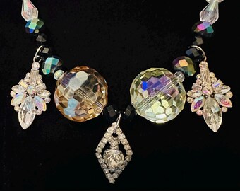 Art Deco Crystal Necklace: Black Crystal & Vintage Charms