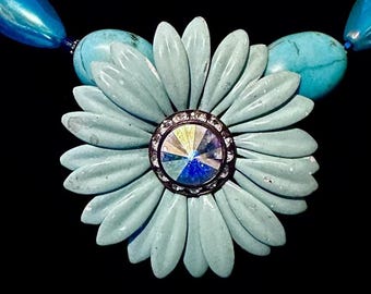 Turquoise Blossom Statement Necklace with Crystal & Vintage Accents